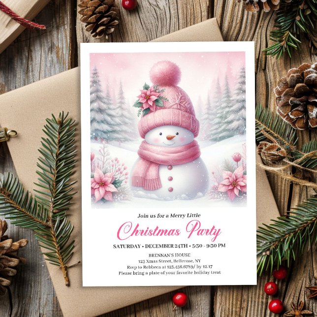 Convites Floresta Nevada Doce Boneco de Neve Rosa Natal Edi (Sweet Snowy Forest Pink Snowman Editable Christmas Invite)