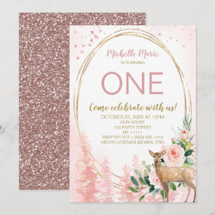 Convites Floresta Rosa Floral Dourado Primeiro Aniversário