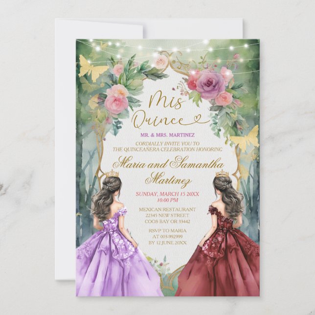 Convites Floresta Roxa e Vermelha Gêmeas Princesas Quinceañ (Frente)
