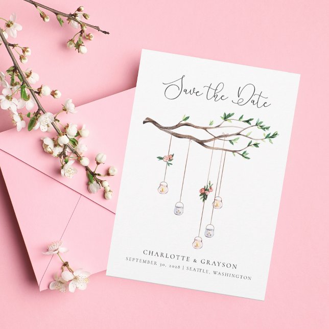 Convites Floresta russa e luzes aquarela Salvar a Data (Criador carregado)