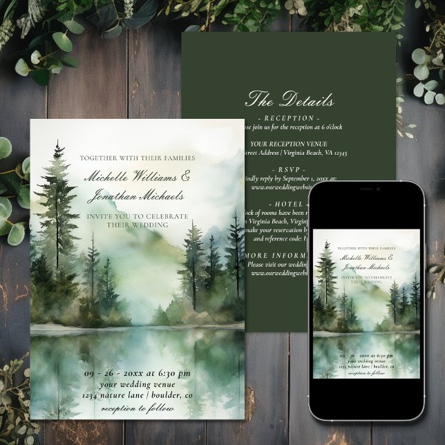 Convites Floresta Rustic Mountain Lake Todos em Um Casament (Rustic Mountain Lake Forest All in One Wedding Invitation)