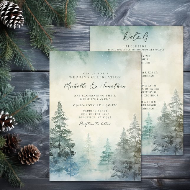 Convites Floresta Rústica De Pinheiro De Inverno Em Um Casa (Rustic Winter Pine Forest All In One Wedding Invitation)