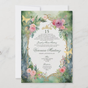 Convites Floresta Sage Verde Rosa Floral Sweet 15 Quinceañe