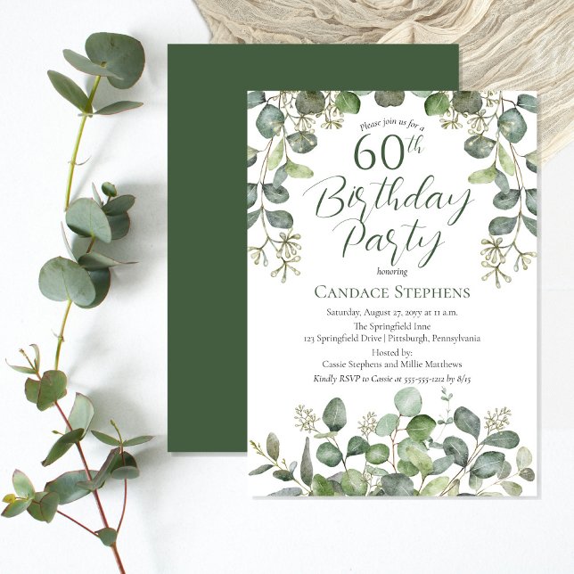 Convites Floresta Verde Implantada Eucalyptus 60ª Festa de  (Understated elegance Forest | Sage Green Seeded Eucalyptus "60th Birthday Party" Boho Chic design.)