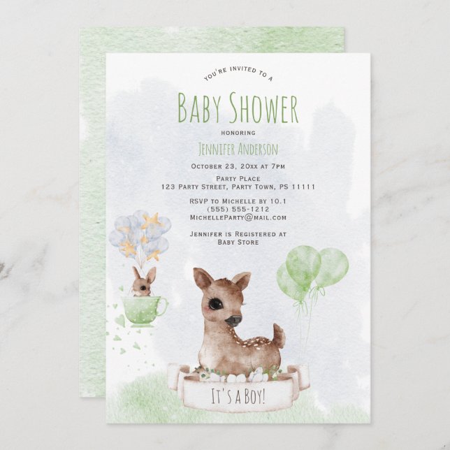 Convites Floresta Woodland Baby Deer Watercolor (Frente/Verso)