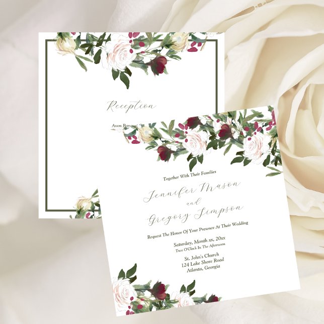 Convites Florestas Brancas de Amoreira Brancas de Casamento (Wedding Watercolor White Roses Cranberry Flowers Invitation)