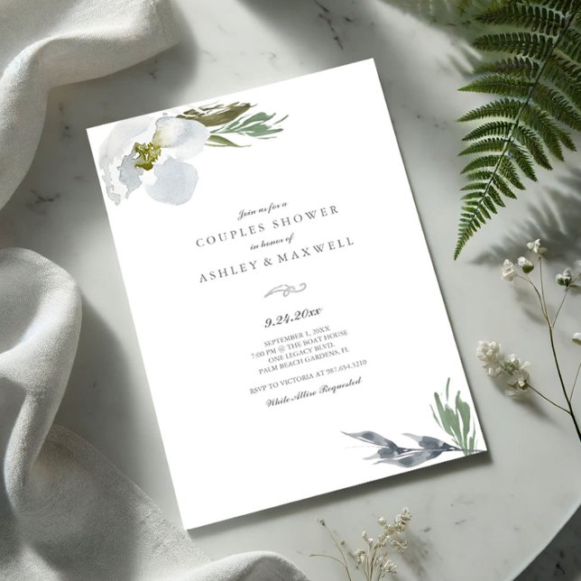 Convites Florestas de Aquarelas do Chá Verde Botânico e Bra (Couples shower invitation watercolor grey flowers and greenery VG Invites)