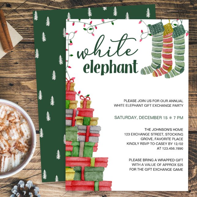 Convites Florestas de Elefante Branco e Feriado de Apresent (White Elephant Holiday Gift Exchange Party Invitation)