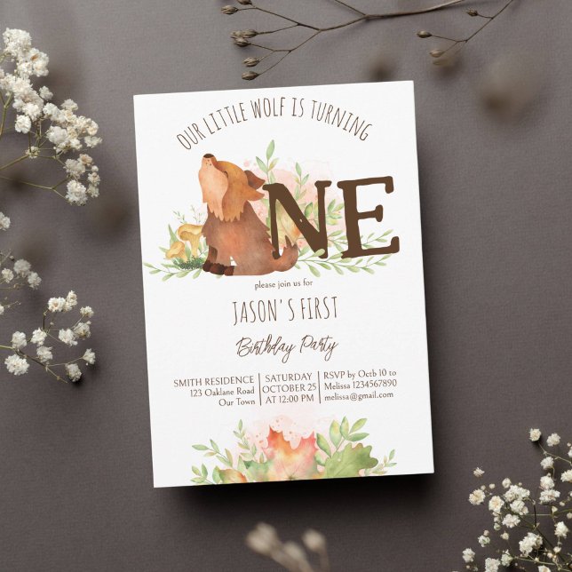 Convites Florestas de lobo caem modelo de primeiro aniversá (Wolf birthday party template invitation cute wolf puppy first birthday wild one fall themed invite)