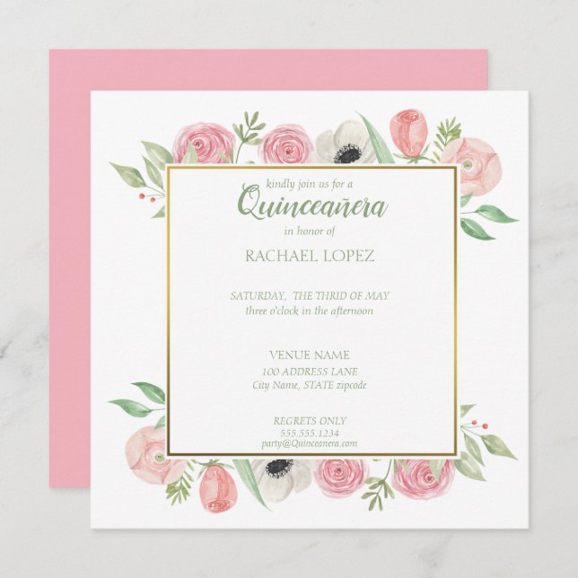 Convites Florestas Rosa-Blush Chic | Frame Quinceanera Dour (Frente/Verso)