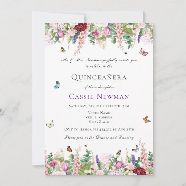 Convites Florestas roxas rosa e borboletas Quinceañera (Frente)