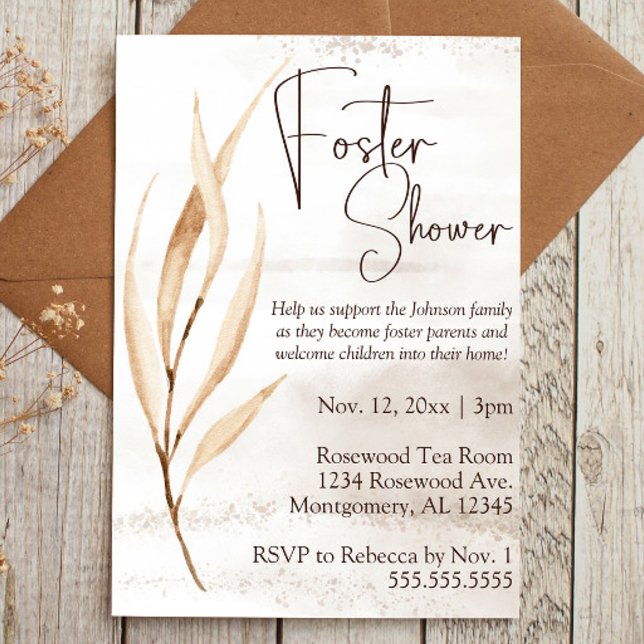 Convites Florestas Secas De Boho Para Cuidados De Derramame (Foster Care baby shower invitation with brown script text and boho dried floral elements)