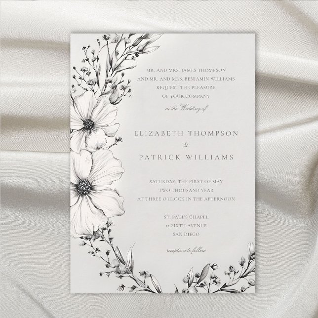 Convites Florestas Selvagens Negra Casamento Formal de Marf (wildflowers wedding invitation black and white wreath formal elegant modern classic romantic)