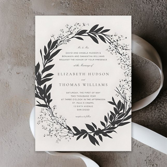 Convites Florestas Selvagens Negra Casamento Formal Moderno (wildflowers wedding invitation black and white floral wreath formal elegant modern typography)