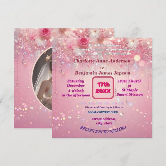 Convites Flórida de Lixo Rosa Púrpura Faux Glitter (Frente/Verso)