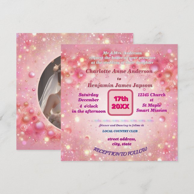 Convites Flórida de Lixo Rosa Púrpura Faux Glitter (Frente/Verso)