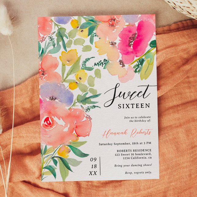 Convites Flórida do jardim de vassoura brilhante 16 (Bright bold boho garden floral Sweet 16 Invitation)