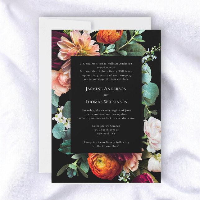 Convites Flórida holandesa romântica escura (traditional text where both parents help , moody romantic dutch florals wedding invitation)
