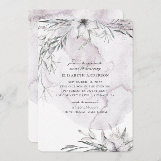 Convites Flórida poeirenta de aquarelas Sweet 16. Flores cl (Frente/Verso)