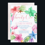 Convites Flórida tropical havaiana 21 festa de aniversário<br><div class="desc">Praia do oceano moderno estilo havaiano modelo de convite para 21 anos com uma coloração colorida de flores de hibisco com folhas tropicais, uma estrela e um flamingo cor-de-rosa, Uma aquarela lavada de fundo rosa-claro-rosado ao contrário. — O convite é adequado para o verão aloha, litoral, oceano, praia, 21 ruas...</div>