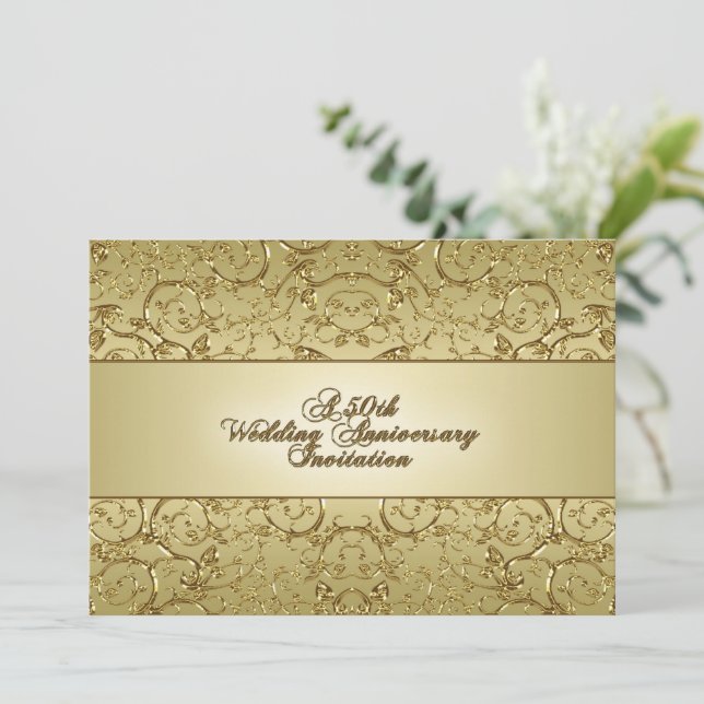 Convites Flourish Golden 50º Aniversário de Casamento (Em pé/Frente)