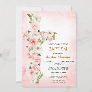 Convites Flower Cross Baptism Invitation, Floral Christian