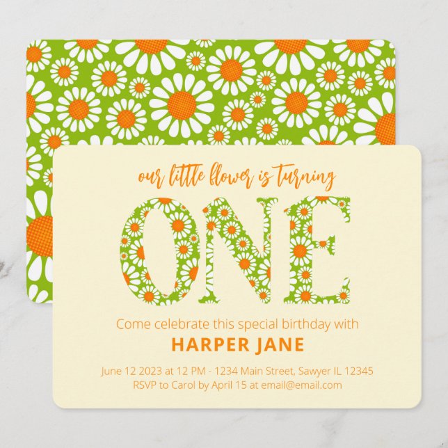 Convites Flower Cute Daisy Primeiro Aniversário (Frente/Verso)