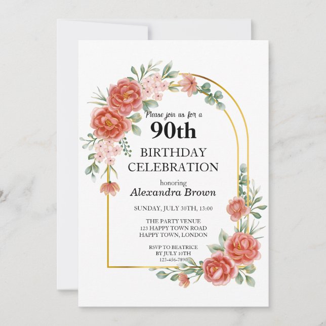 Convites Flower Dourada Frame 90 de Aniversário Festa de Fo (Frente)
