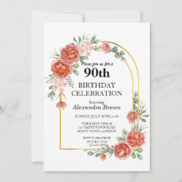 Convites Flower Dourada Frame 90 de Aniversário Festa de Fo
