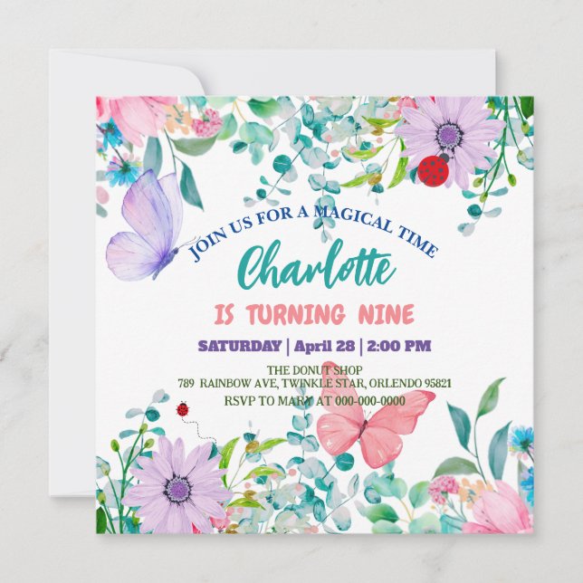 Convites Flower floral da Bolinhas de Ladybug (Frente)