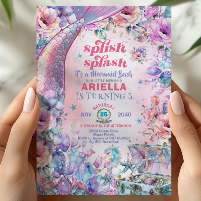 Convites Flower Glitter Mermaid Tail 3rd Birthday  (Criador carregado)