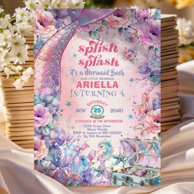 Convites Flower Glitter Mermaid Tail 4th Birthday  (Criador carregado)