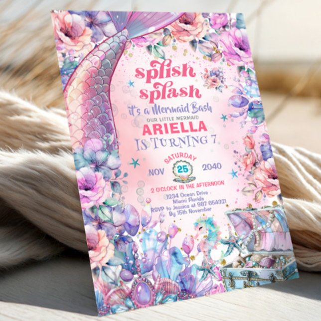 Convites Flower Glitter Mermaid Tail 7th Birthday  (Criador carregado)