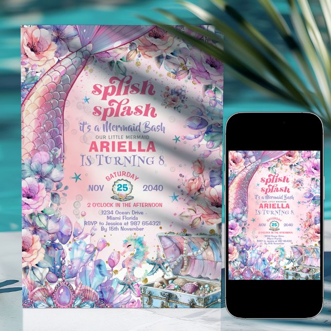 Convites Flower Glitter Mermaid Tail 8th Birthday  (Criador carregado)