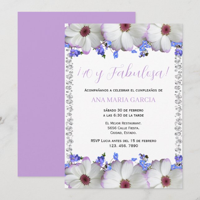 Convites Flowers & Diamonds 40th Birthday Spanish (Frente/Verso)