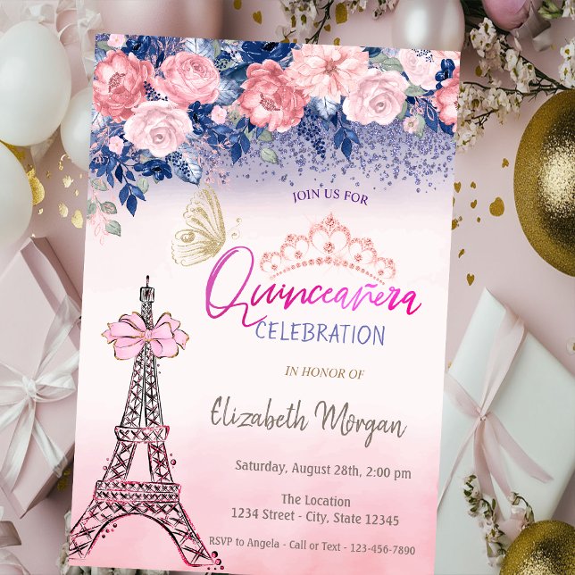 Convites Flowers,Eiffel Tower Bow Butterfly Quinceanera  (Criador carregado)