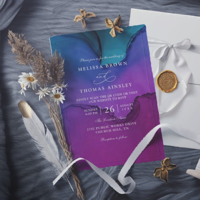 Convites Flowing Luxury Ink Elegant Modern QR Code Wedding (Criador carregado)