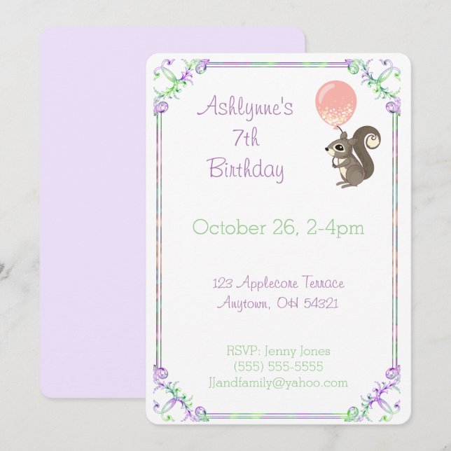 Convites Fluffy Squirrel with Pink Balloon Birthday Custom (Frente/Verso)