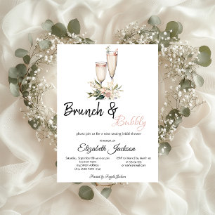 Convites Flûte de Champagne com Flores Rosas Brunch & Bubbl