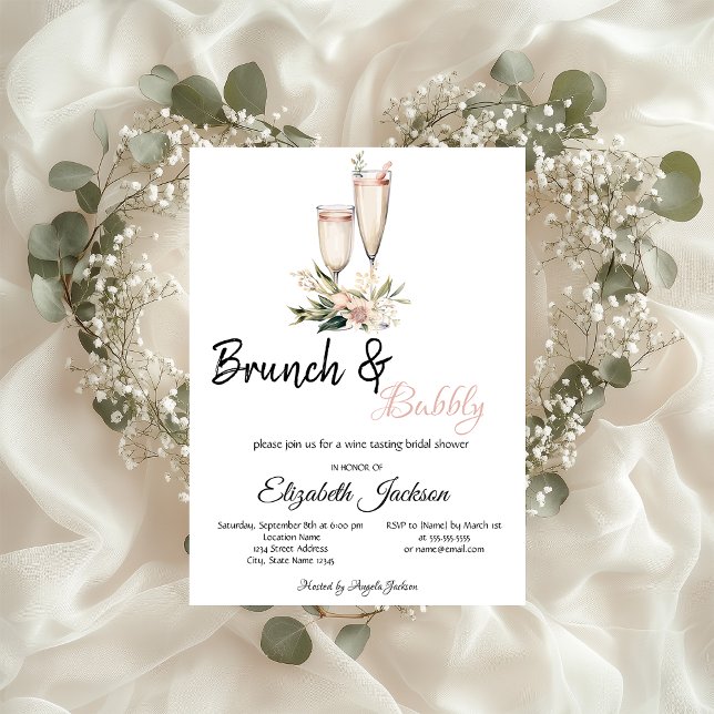 Convites Flûte de Champagne com Flores Rosas Brunch & Bubbl (Criador carregado)