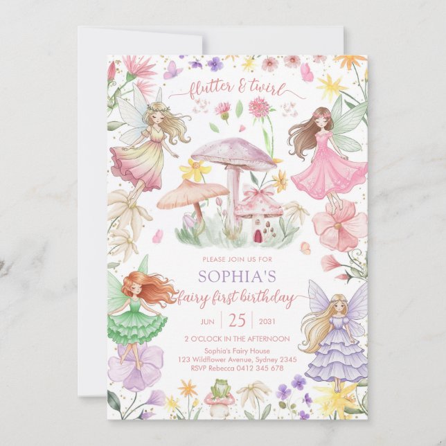 Convites Flutter and Twirl Fairy First 1st Birthday (Frente)