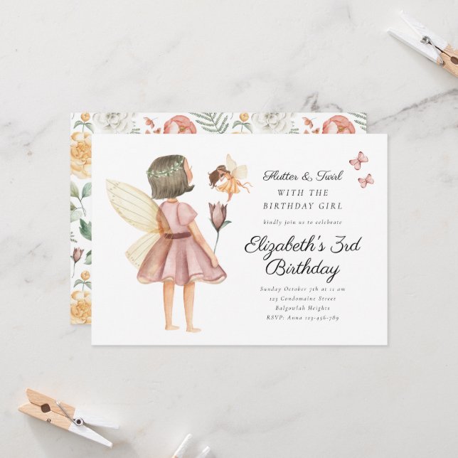 Convites Flutter and Twirl Floral Fairy Birthday Party (Frente/Verso In Situ)
