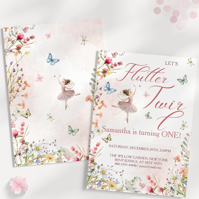 Convites Flutter e Rodopio Asas Mágicas Primeiro Aniversári (Flutter and Twirl Magical Wings First Birthday Invitation)