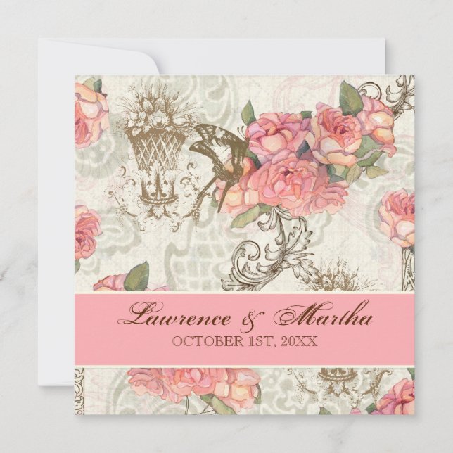 Convites Flutterbyes 'n Rosa Elegante Casamento - Rosa (Frente)