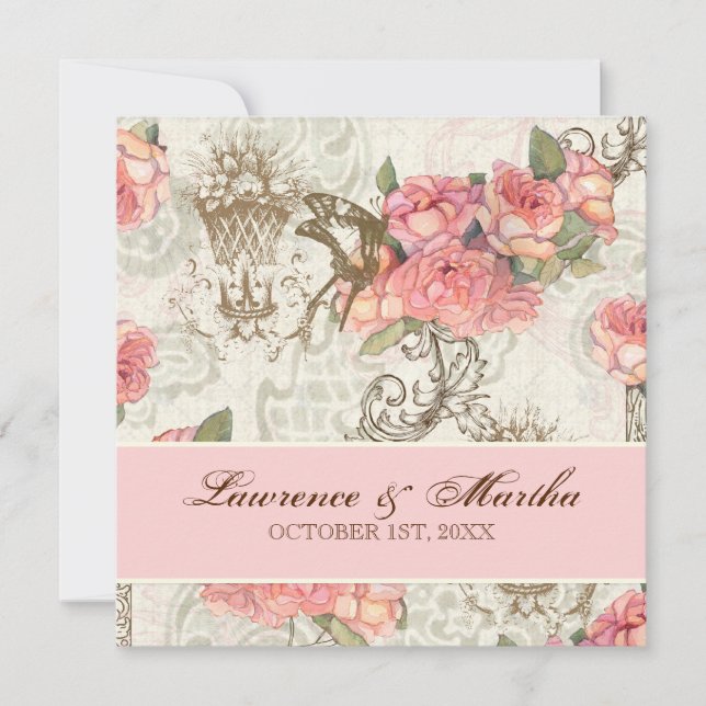 Convites Flutterbyes 'n Rosa Elegante Casamento - Rosa (Frente)