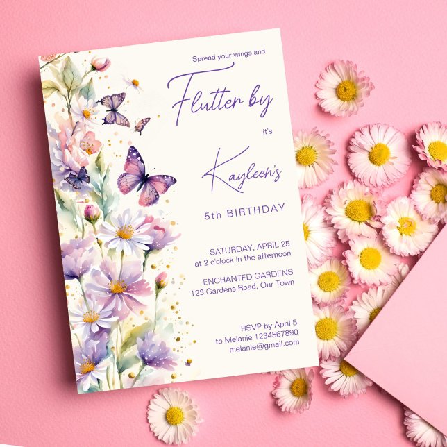 Convites Flutuação por borboletas lavanda roxa (Flutter by butterflies birthday party lavender purple invitation editable template digital download)
