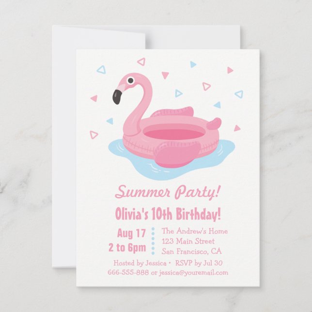 Convites Flutuador de Piscina Flamingo Rosa Aniversário de  (Frente)