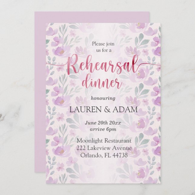 Convites Fluxo floral de Peony Lilac e Pink (Frente/Verso)