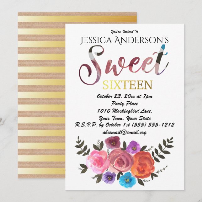 Convites Fluxos Florais De Aquarela Dourada Sweet 16 (Frente/Verso)