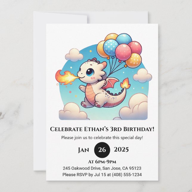 Convites Flying Baby Dragon with Balloons Birthday (Frente)